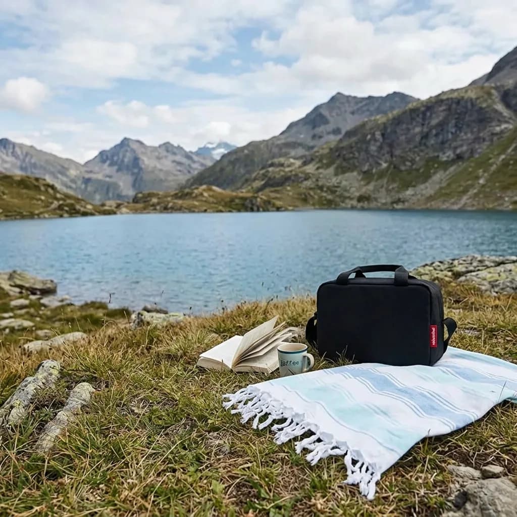 Me Time Nature: Strandtuch, Kühltasche, Buch und Tasse auf einer Bergwiese vor Bergsee und Alpenpanorama.