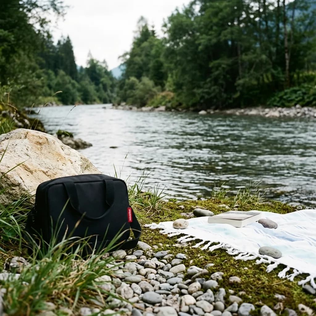Me Time Nature: Schwarze Kühltasche und helles Strandtuch mit Fransen an einem Flussufer mit Steinen und Wald.