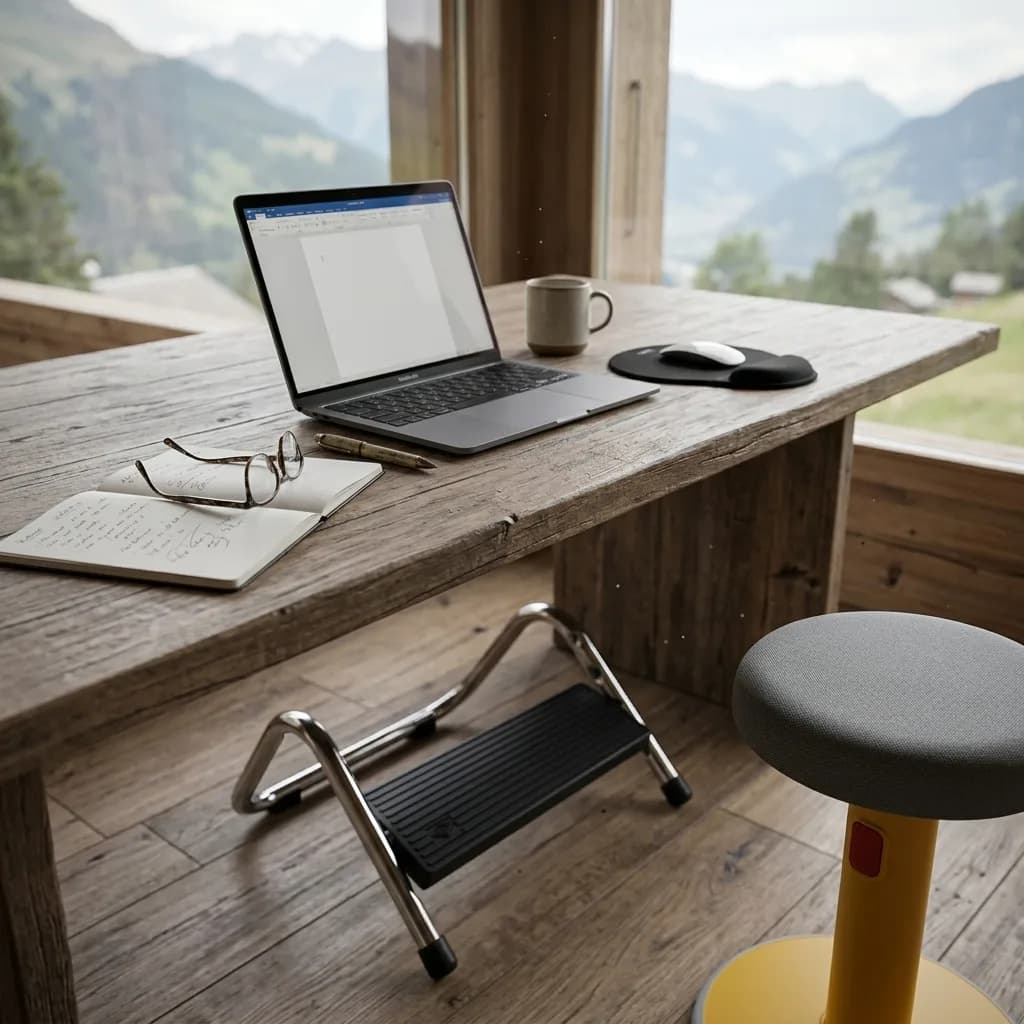 Ergonomisch Arbeiten: Holzschreibtisch mit Laptop, schwarzer Mausmatte, Tasse, Notizbuch; darunter Fussstütze, rechts Sitz- und Stehhocker, Bergpanorama im Hin…