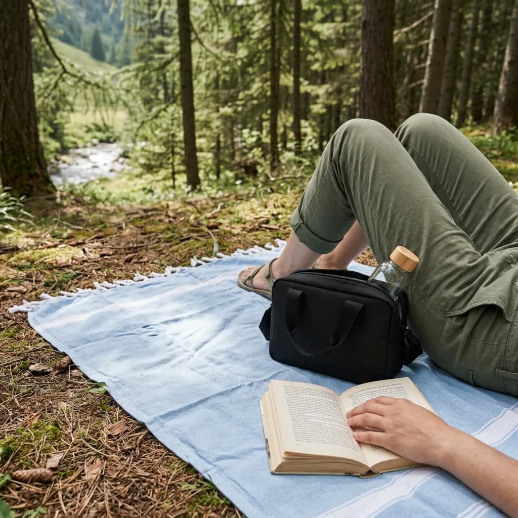 Me Time Nature: Person liegt auf hellblauem Tuch im Wald, liest Buch, neben schwarzer Kühltasche und Glasflasche.
