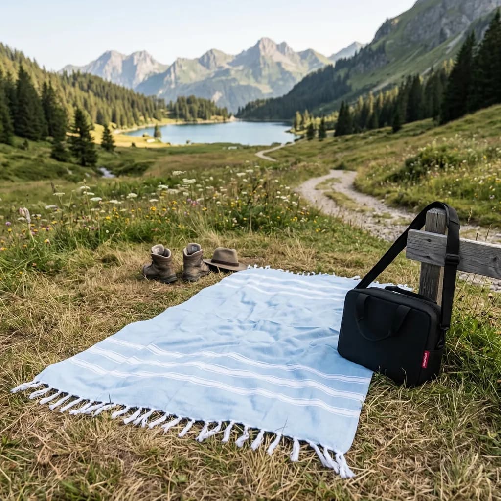 Me Time Nature: Hellblaues Strandtuch mit Fransen und schwarze Kühltasche auf Almwiese, Bergsee und Gipfel im Hintergrund.