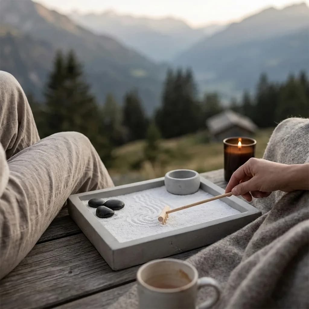 Runterfahren Box: Hand harkt Zen Garten mit Sand und Steinen, brennende Duftkerze und Tasse auf Holztisch vor Bergpanorama.