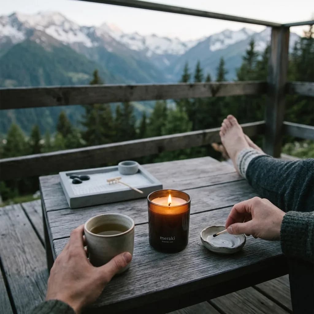 Runterfahren Box: Duftkerze und Zen Garten auf Holztisch, Person hält Teetasse, Bergpanorama im Hintergrund.