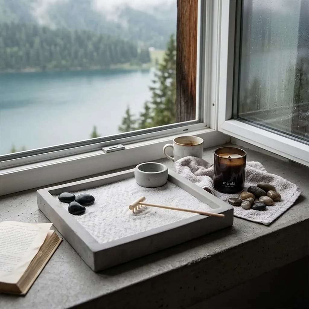 Runterfahren Box: Zen Garten mit Sand, Steinen und Rechen sowie Duftkerze auf Fenstersims mit Seeblick.
