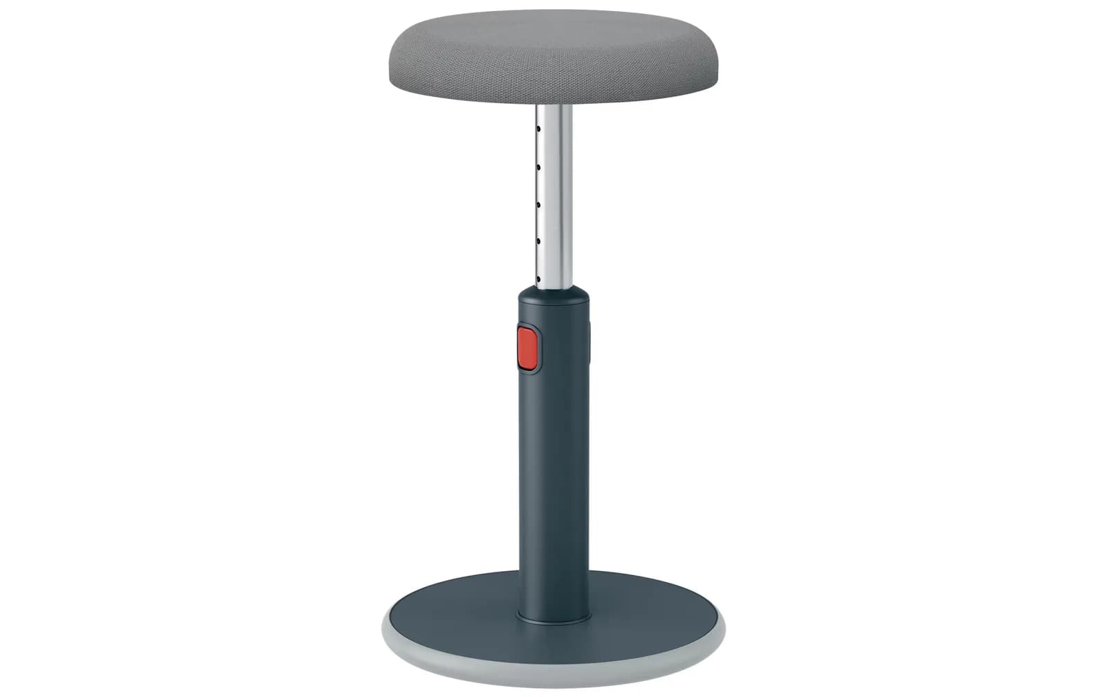 Ergonomisch Arbeiten: Sitz- und Stehhocker mit rundem grauem Polster, silbernem Teleskopschaft, rotem Knopf und dunkelgrauem Standfuss.