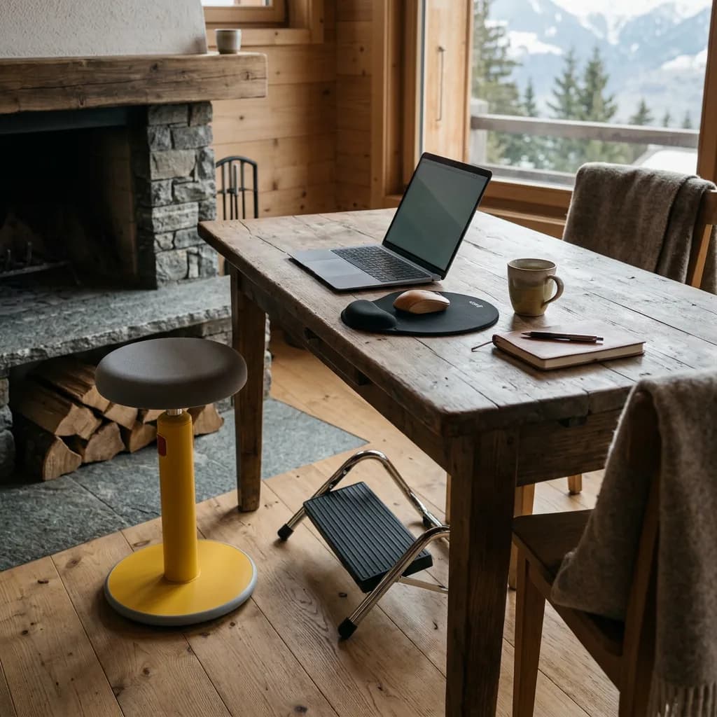 Ergonomisch Arbeiten: Hocker, Fussstütze und schwarze Mausmatte mit Laptop auf Holztisch in Berghütte.