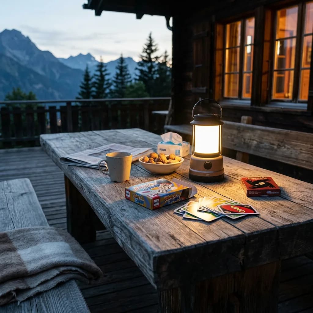 Spieleabend Starter Set: Würfelspiel, UNO-Karten und Werwölfe-Spiel auf Holztisch, beleuchtet von Laterne, Berghütte im Abendlicht.