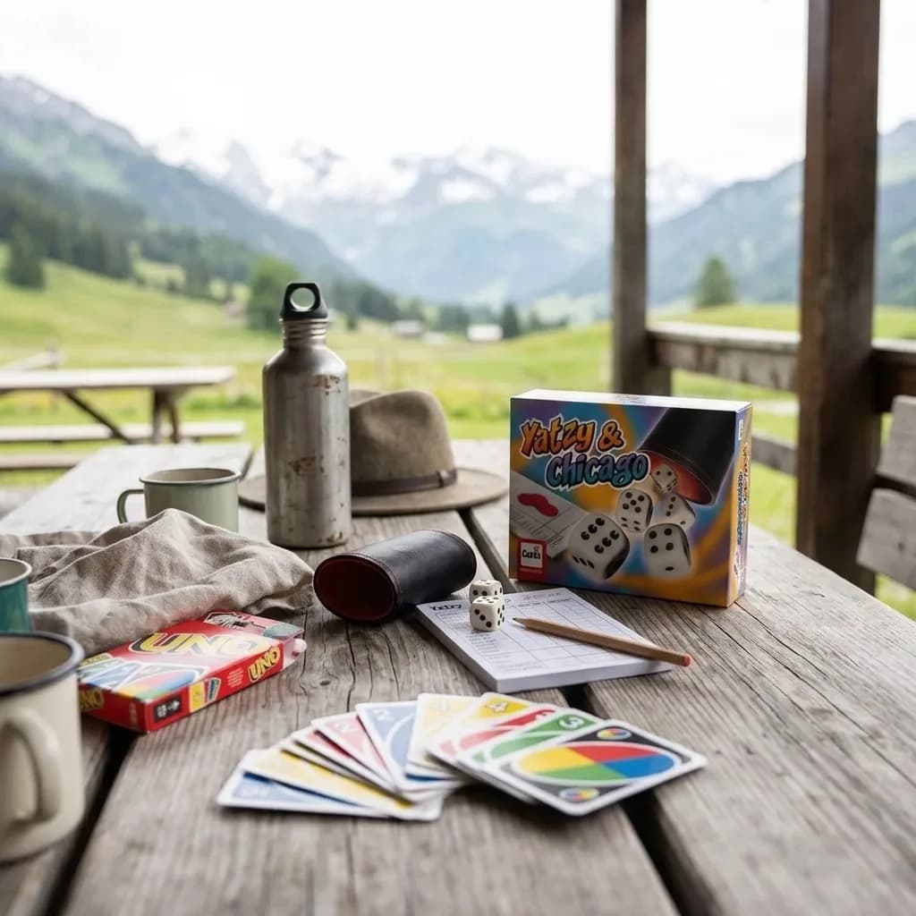 Spieleabend Starter Set: UNO-Kartenspiel, Yatzy & Chicago-Schachtel, Würfelbecher und Würfel auf einem Holztisch vor Bergpanorama.