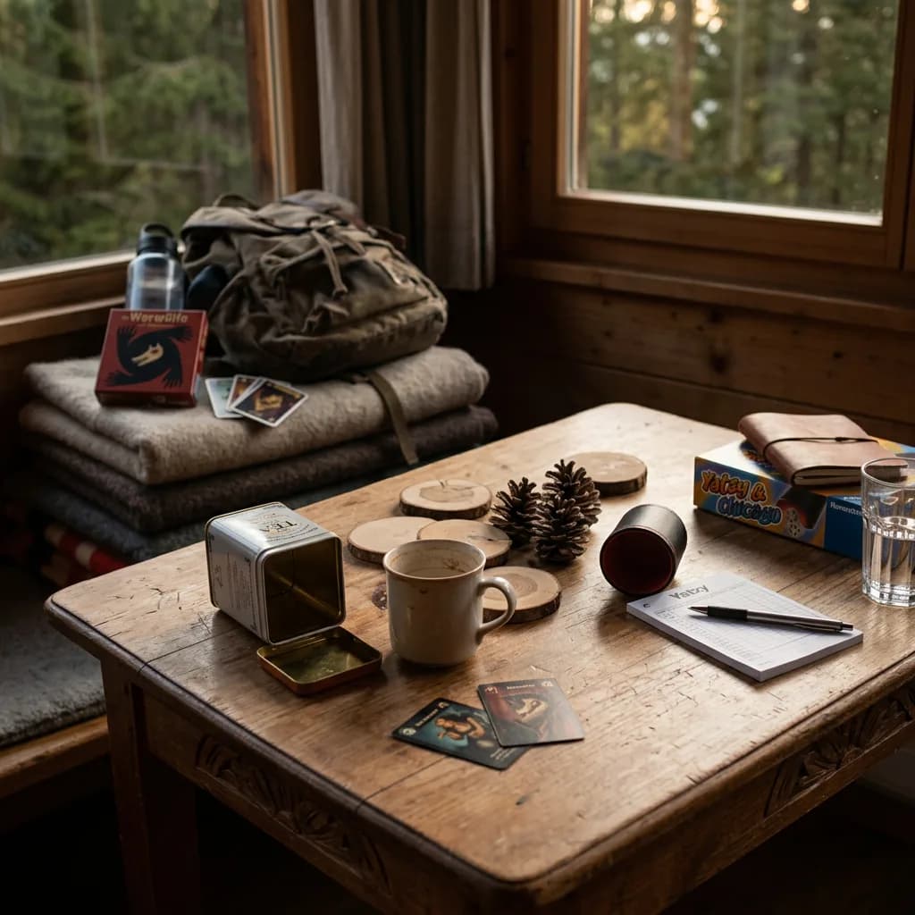 Spieleabend Starter Set: Holztisch mit Yatzy-Spiel, Spielkarten und Werwölfe-Schachtel, Tasse, Tannenzapfen, Notizblock und Stift in Hütte.