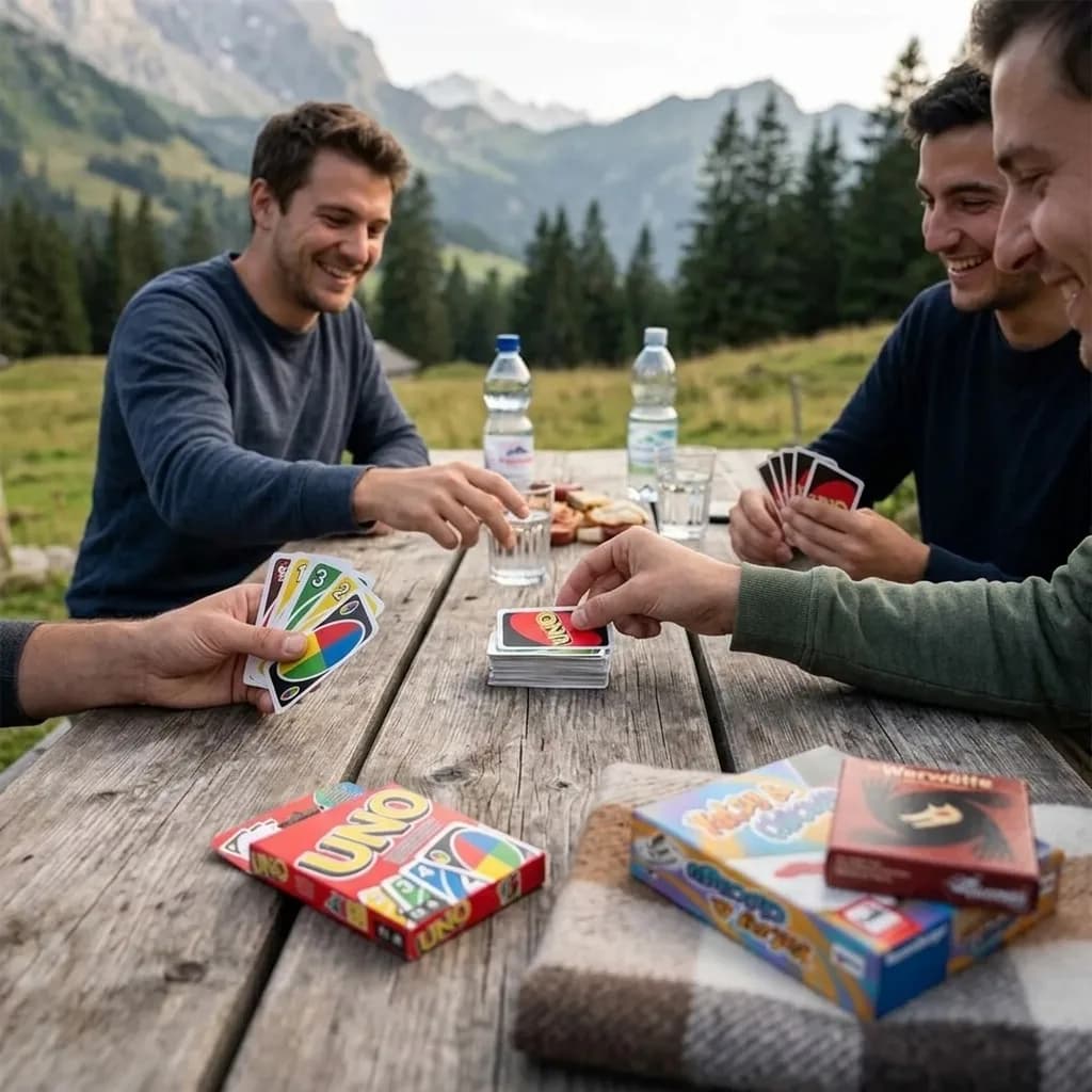 Spieleabend Starter Set: Drei Männer spielen UNO an einem Holztisch in den Bergen, daneben liegen UNO-, Yatzy- und Werwölfe-Spielschachteln.