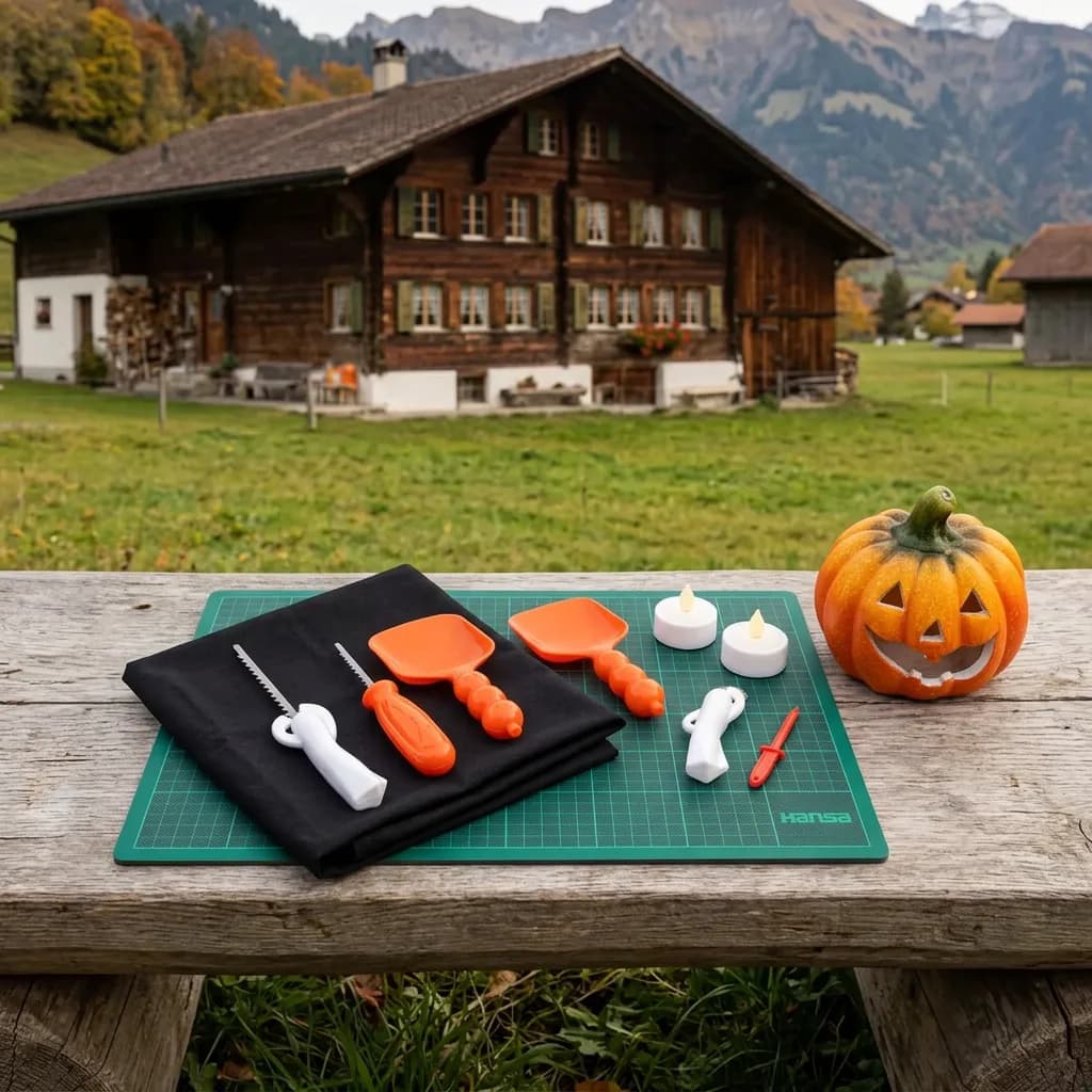 Kürbis schnitzen: Schnitzwerkzeug-Set, schwarze Schürze, Schneidematte, zwei LED-Teelichter und Halloween-Kürbisfigur auf einem Holztisch vor Schweizer Bergkul…