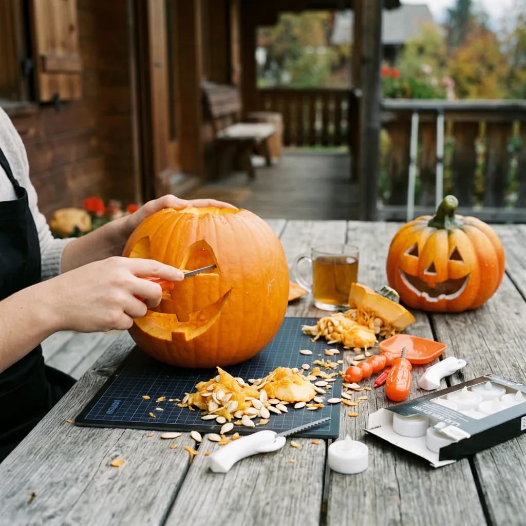 Kürbis schnitzen: Hände mit schwarzer Schürze schnitzen einen Kürbis auf Schneidematte; daneben Schnitzwerkzeug-Set, LED-Teelichter und fertige Halloweenfigur.