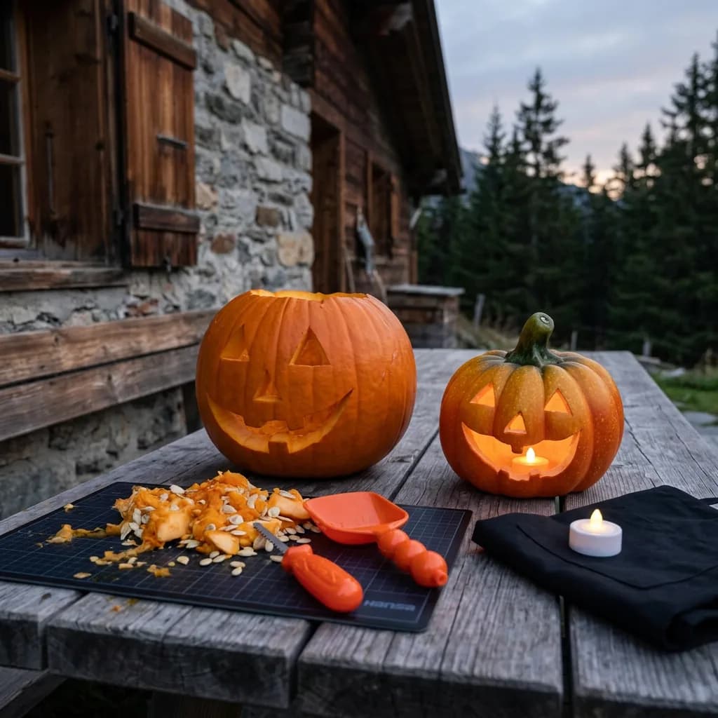 Kürbis schnitzen: Zwei geschnitzte Halloween-Kürbisse auf Holztisch, schwarze Schneidematte mit Schnitzwerkzeug und Kürbisfleisch, schwarze Schürze, LED-Teelic…