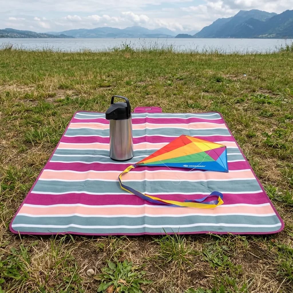 Drachen steigen lassen: Gestreifter Picknickdecke mit Thermoskanne und buntem Drachen auf Gras, See und Berge im Hintergrund.
