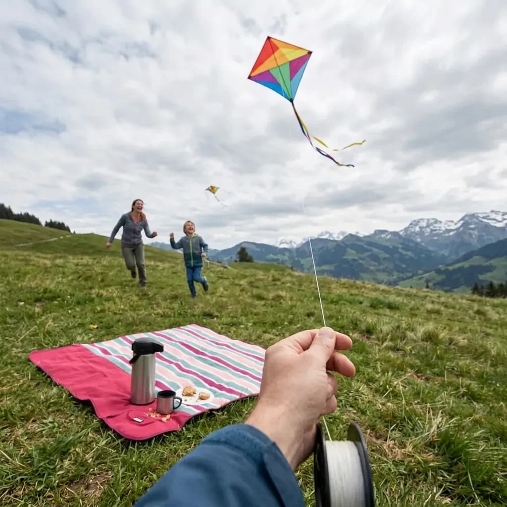 Drachen steigen lassen: Hand hält Drachenrolle, bunter Drachen in der Luft, Picknickdecke mit Thermoskanne, Frau und Kind rennen auf Bergwiese.