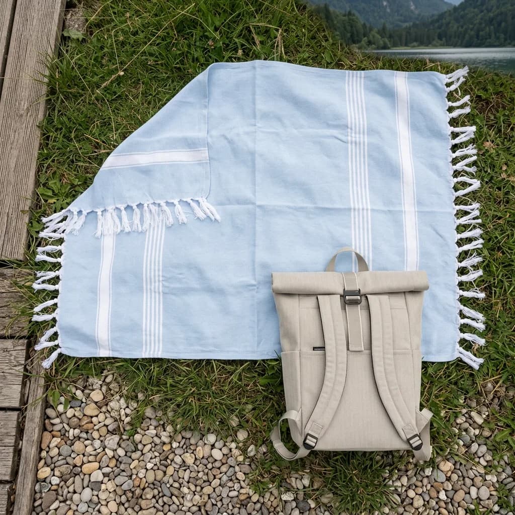 Tag Am See Bundle: Hellblaues XXL-Strandtuch mit weissen Streifen und Fransen sowie beiger Rolltop-Rucksack auf Gras und Kieselsteinen am See.
