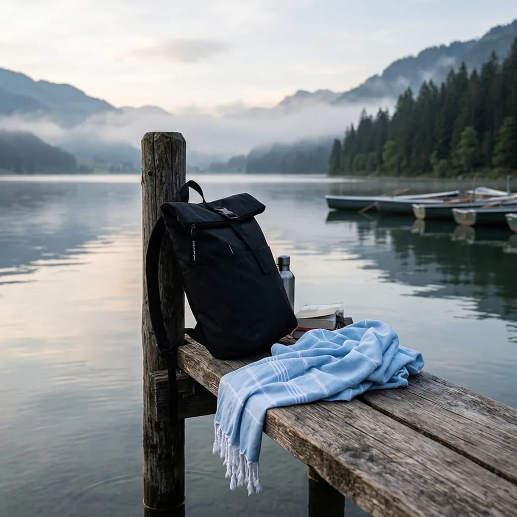Tag Am See Bundle: Schwarzer Rolltop-Rucksack und hellblaues Strandtuch mit Fransen auf einem Holzsteg am nebeligen Bergsee.