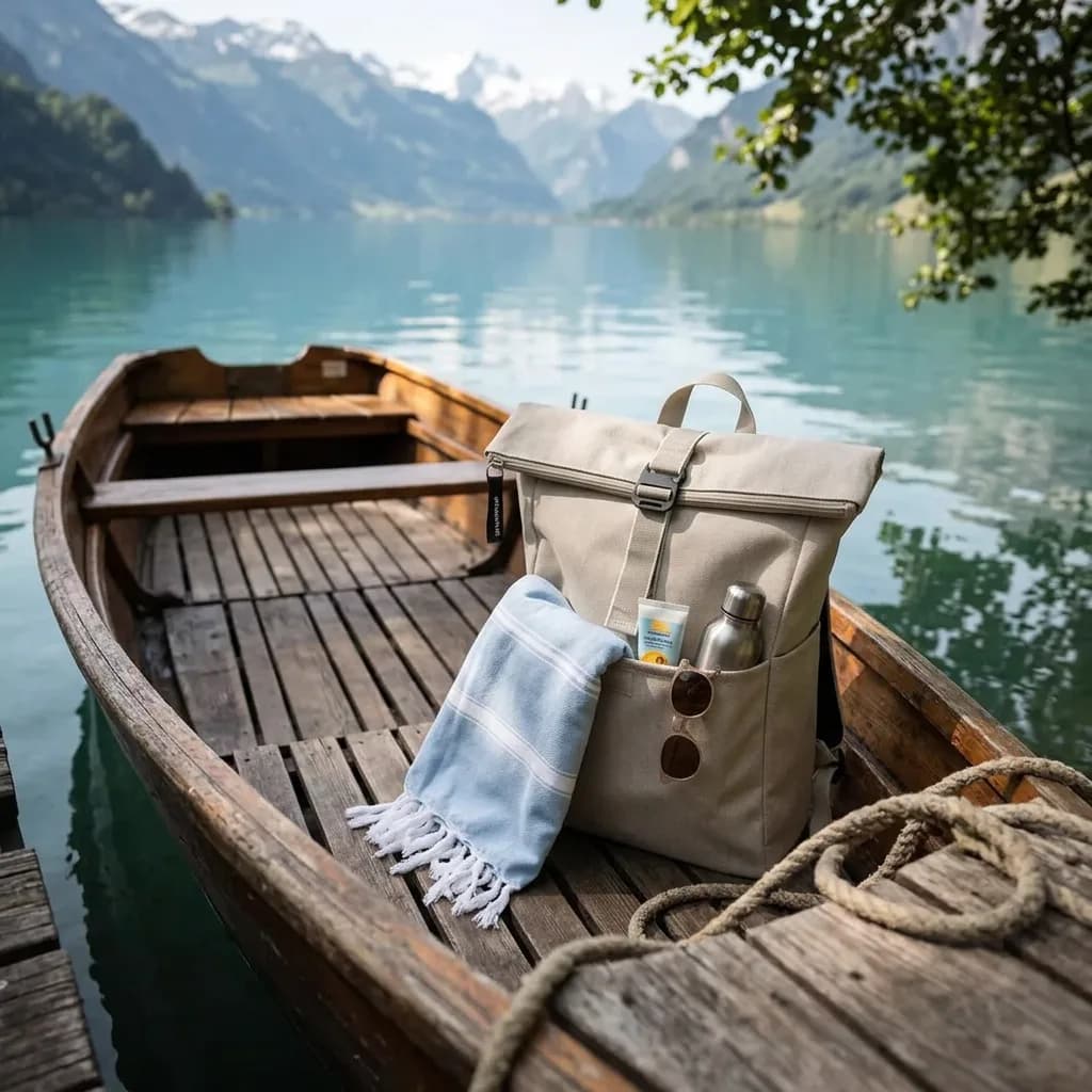 Tag Am See Bundle: Rolltop-Rucksack und gefaltetes Strandtuch in einem Holzboot vor Alpensee mit Bergen.
