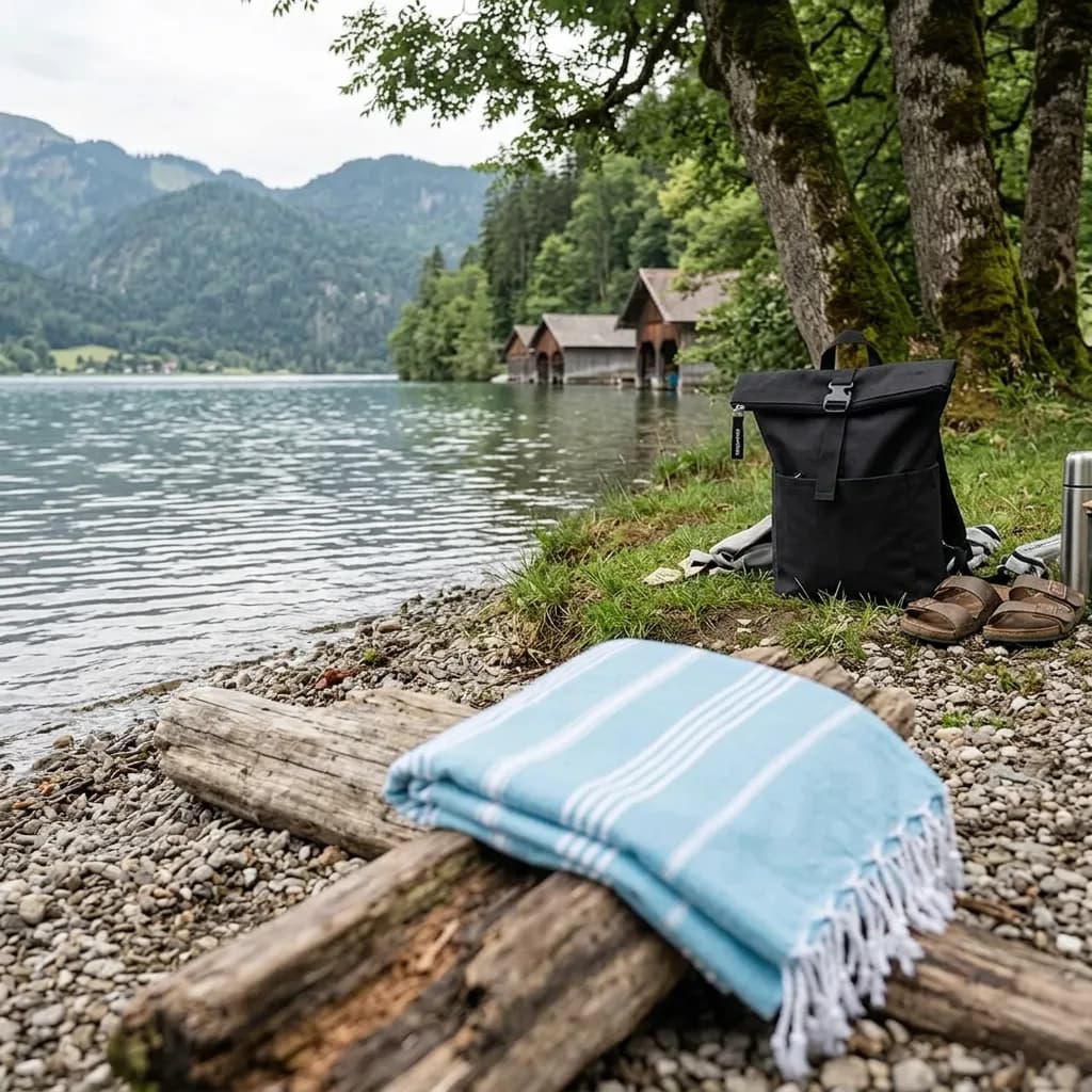 Tag Am See Bundle: Hellblaues Strandtuch mit Fransen auf Baumstamm und schwarzer Rolltop-Rucksack am Kiesufer eines Bergsees.