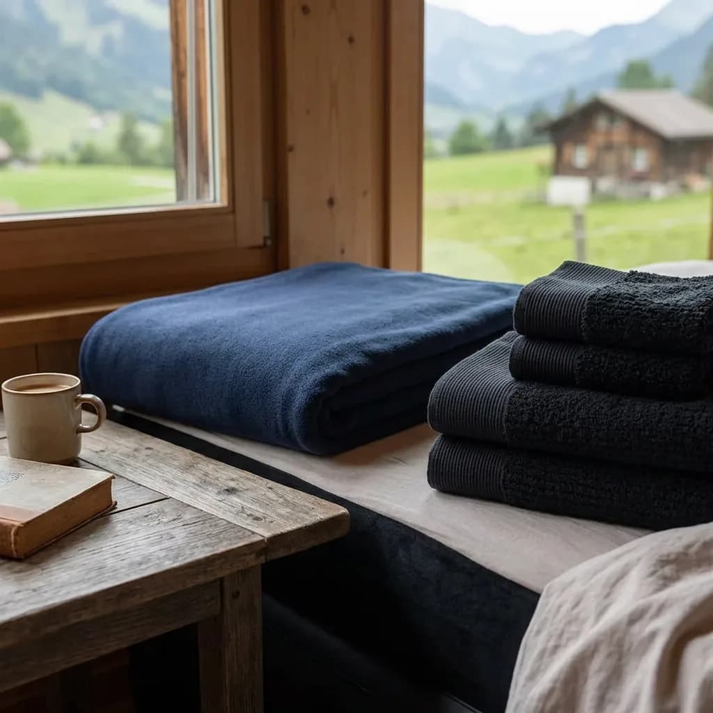 Gäste Übernachten Set: Gefaltete blaue Fleece-Decke und stapel dunkelgrauer Handtücher auf einer Holzbank, Alpenpanorama im Hintergrund.