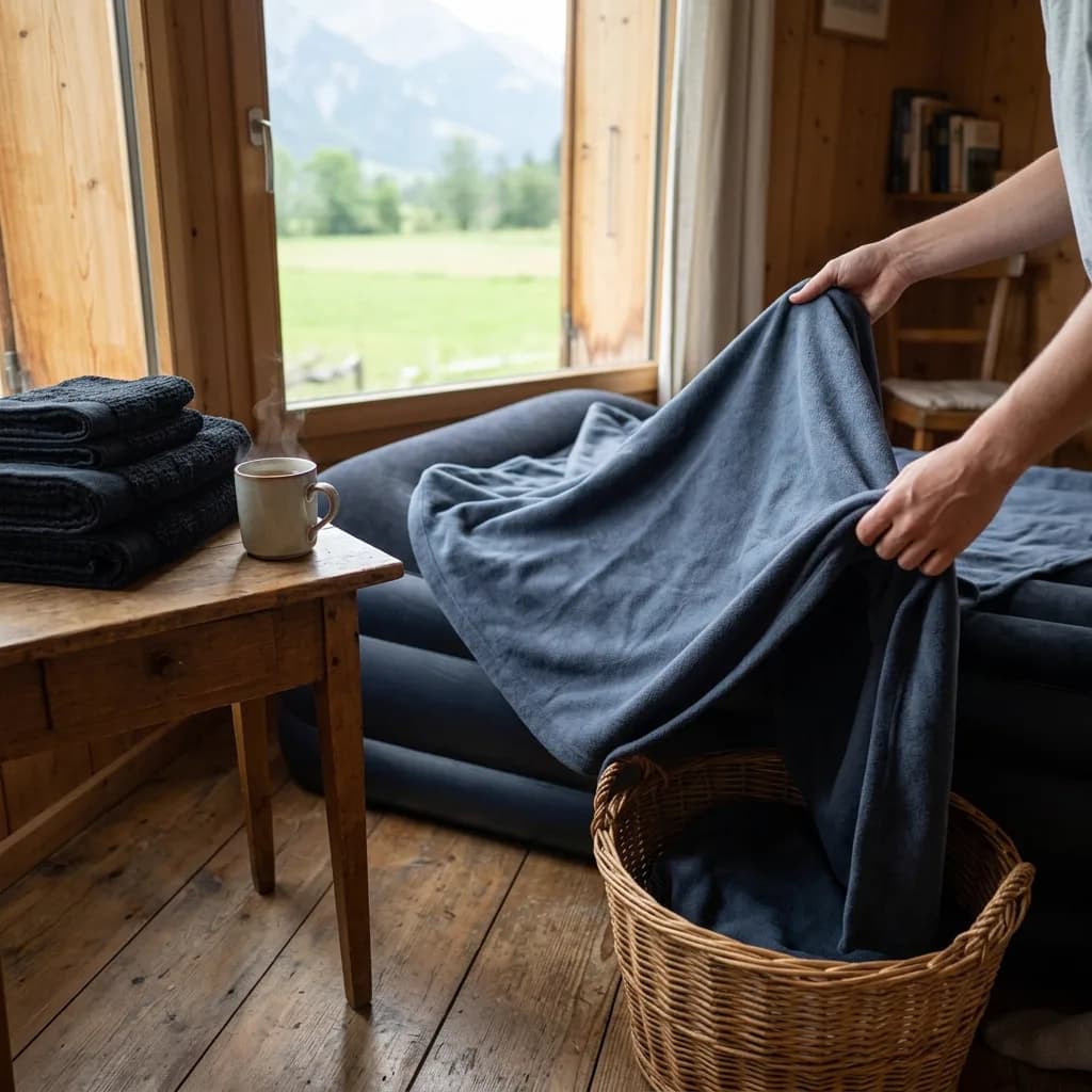 Gäste Übernachten Set: Hände breiten Fleece-Decke über Luftbett aus; daneben Holztisch mit gefalteten Handtüchern und Tasse, Bergblick.