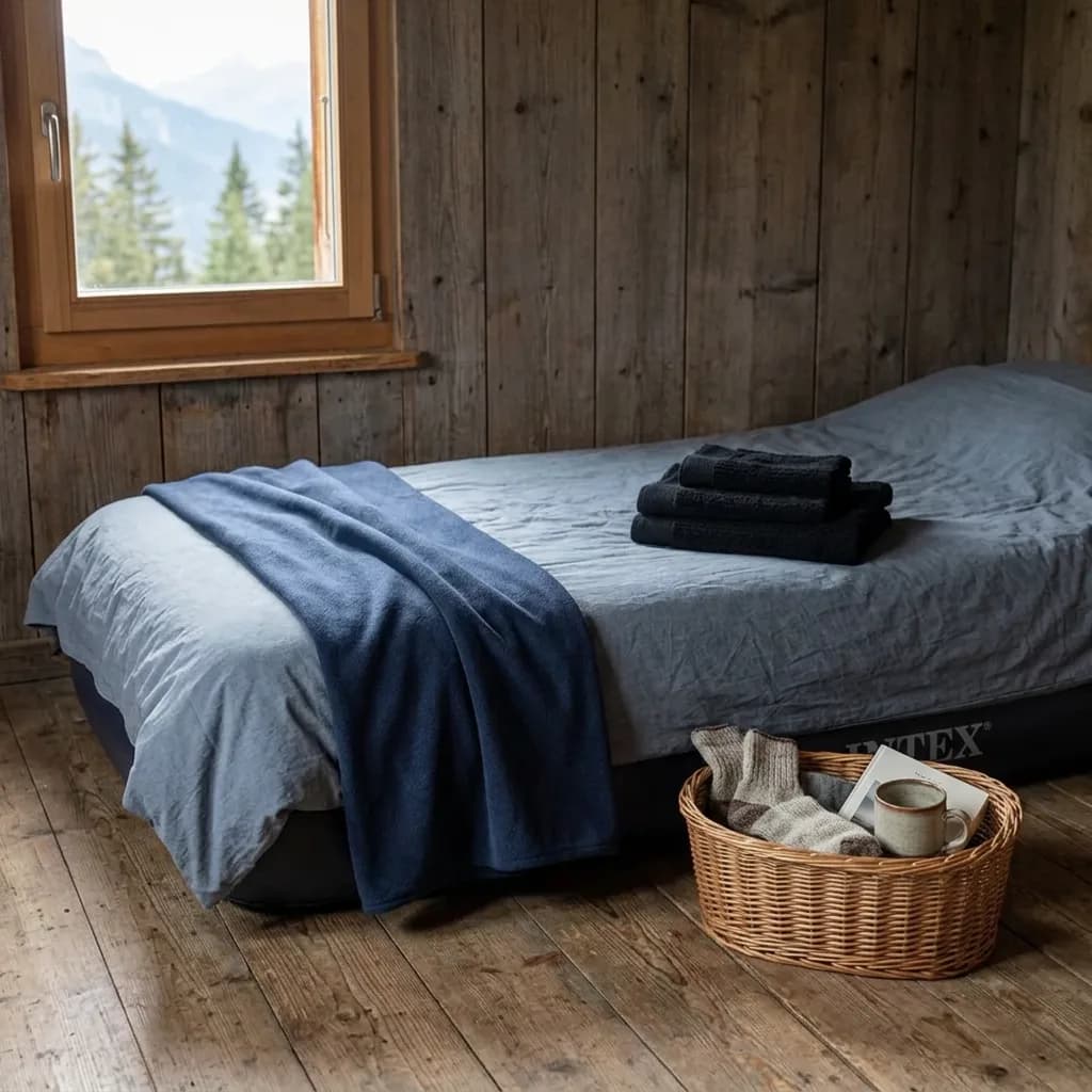 Gäste Übernachten Set: Luftmatratze mit blauer Fleece-Decke und gefalteten schwarzen Handtüchern, Holzhütte mit Bergblick.