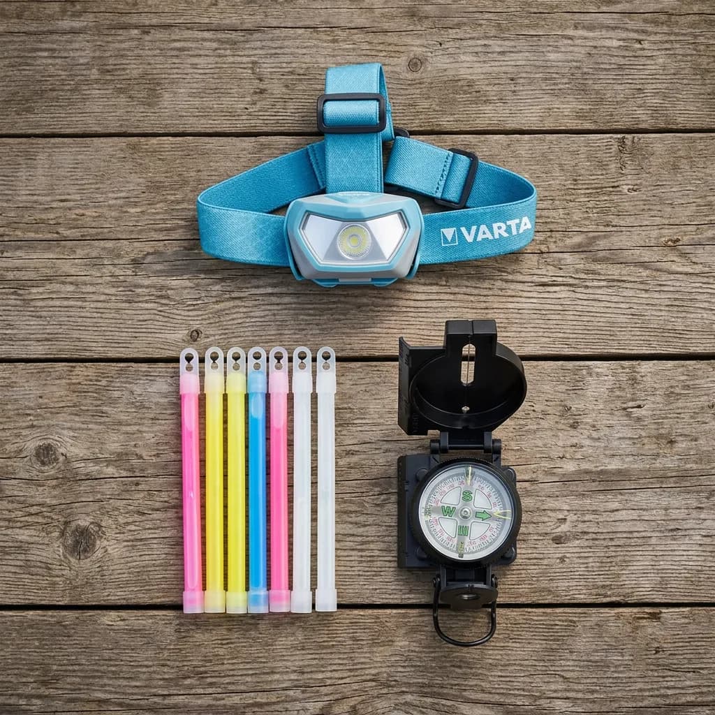 Nachtwanderung mit Kindern: Hellblaue Stirnlampe, bunte Knicklichter und schwarzer Outdoor-Kompass auf Holzuntergrund.