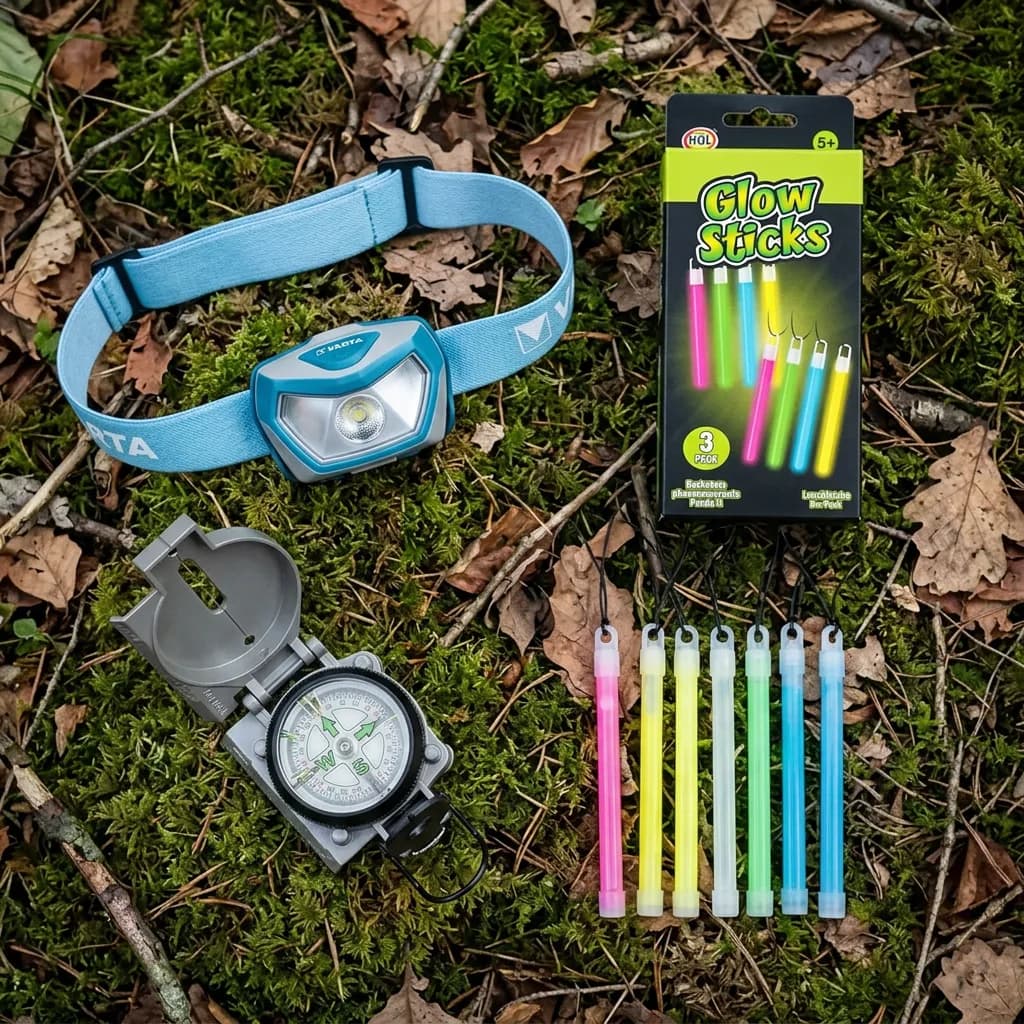 Nachtwanderung mit Kindern: Hellblaue Stirnlampe, grauer Outdoor-Kompass und bunte Knicklichter mit Verpackung auf Moos und Laub.