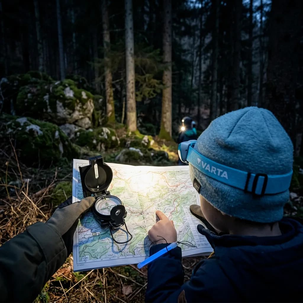 Nachtwanderung mit Kindern: Kind mit Stirnlampe und Knicklicht hält Karte, daneben ein Kompass, im dunklen Wald.