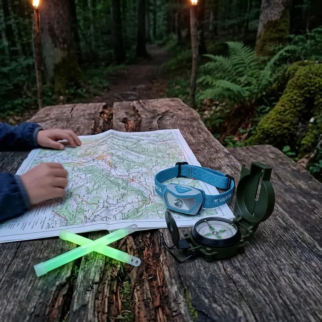 Nachtwanderung mit Kindern: Stirnlampe, Kompass und Knicklichter auf einem Baumstamm, Kinderhände halten eine Wanderkarte, Wald im Hintergrund.