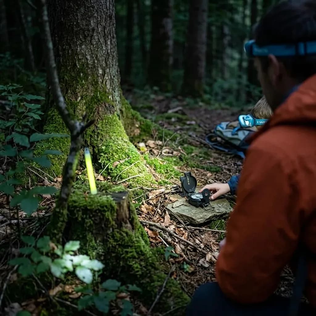 Nachtwanderung mit Kindern: Kind mit blauer Stirnlampe hält Kompass auf Stein im Wald, daneben leuchtendes gelb-grünes Knicklicht an Baumwurzel.