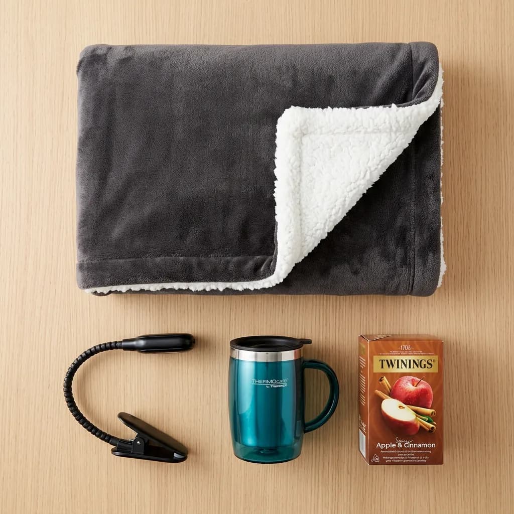 Lesenest: Gefaltete Fleece-Sherpa-Decke in Anthrazit-Weiss, schwarzes Klemm-Leselicht, türkiser Thermobecher und Twinings Teeschachtel Apple & Cinnamon.