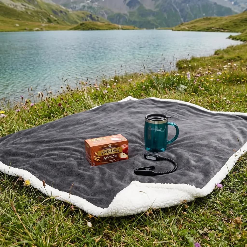 Lesenest: Fleece-Sherpa-Decke auf Bergwiese mit Thermobecher, Teebeutel-Schachtel und Leselicht, Bergsee im Hintergrund.