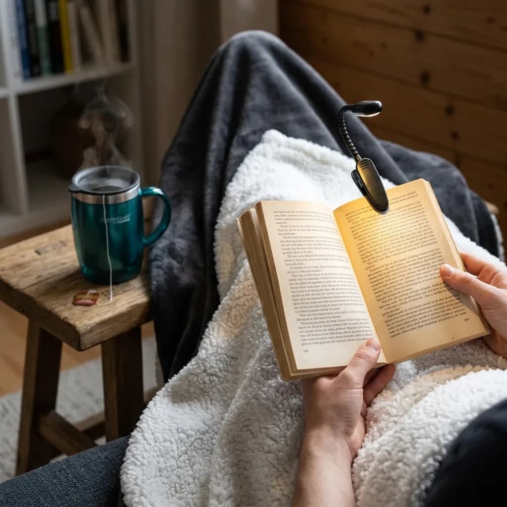 Lesenest: Hände halten aufgeschlagenes Buch mit Klemmleselicht, Fleece-Sherpa-Decke, türkiser Thermobecher mit Teebeutel auf Holzhocker daneben.