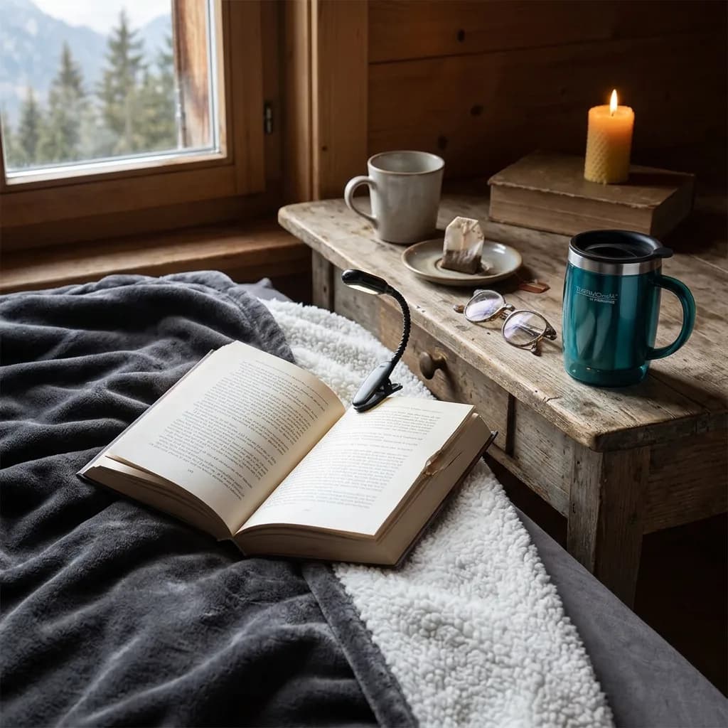 Lesenest: Fleece-Sherpa-Decke in Anthrazit-Weiss mit aufgeschlagenem Buch und Leselicht, daneben Thermobecher in Teal auf Holzbank.