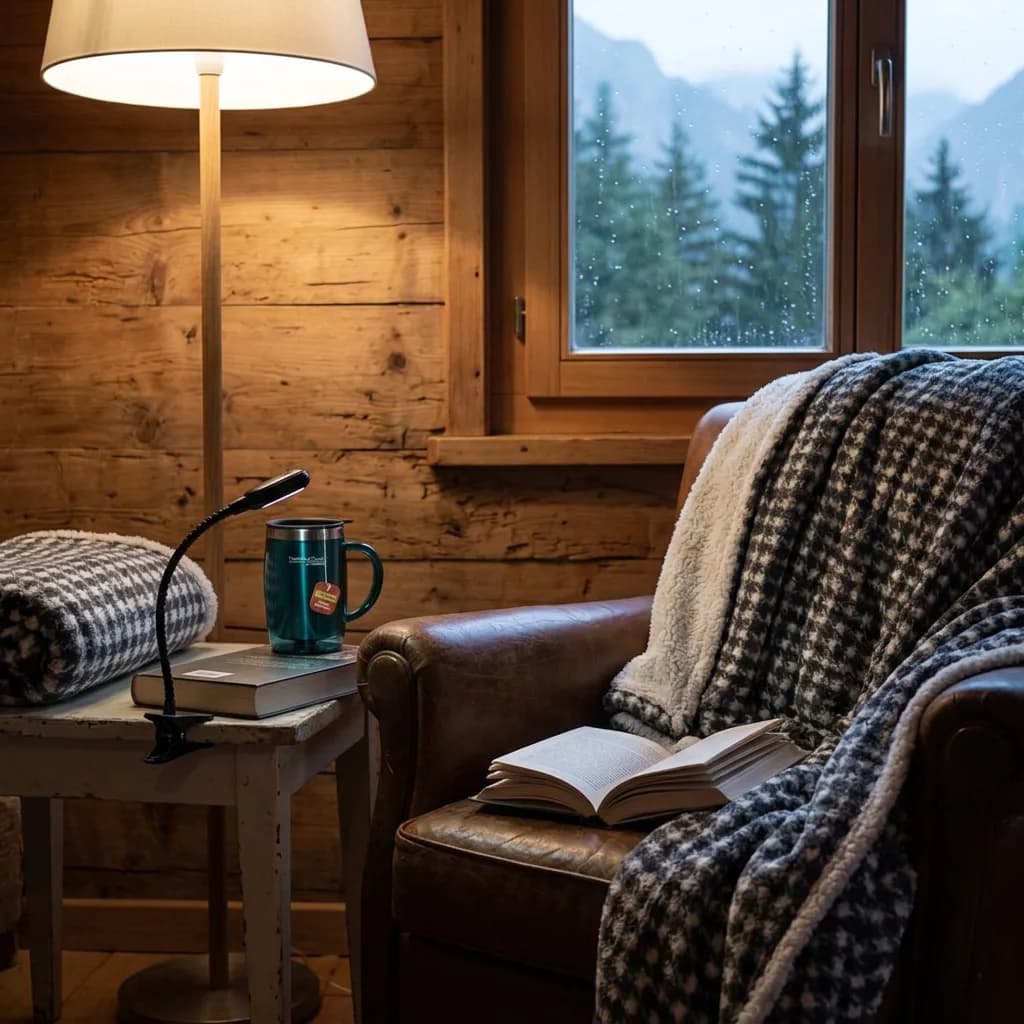 Lesenest: Ledersessel mit Fleece-Sherpa-Decke und offenem Buch, daneben Tisch mit Leselicht, Thermobecher und Teebeutel, Holzwand, Fenster.