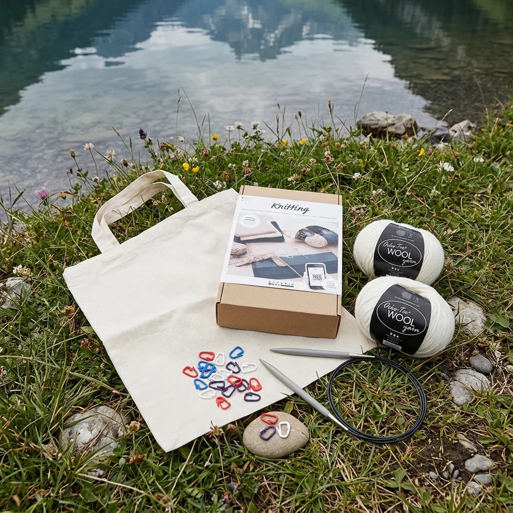 Stricken lernen: Bastelset, zwei Wollknäuel, Rundstricknadel, bunte Maschenmarkierer und Stofftasche auf Gras am Wasser.
