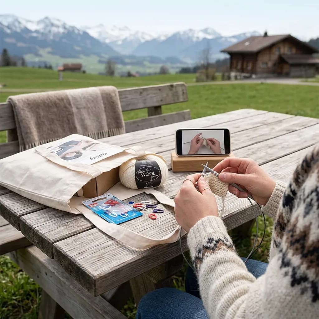 Stricken lernen: Person strickt mit Rundstricknadel, daneben Stofftasche mit Wolle, Maschenmarkierern und Bastelset, Smartphone zeigt Anleitung.