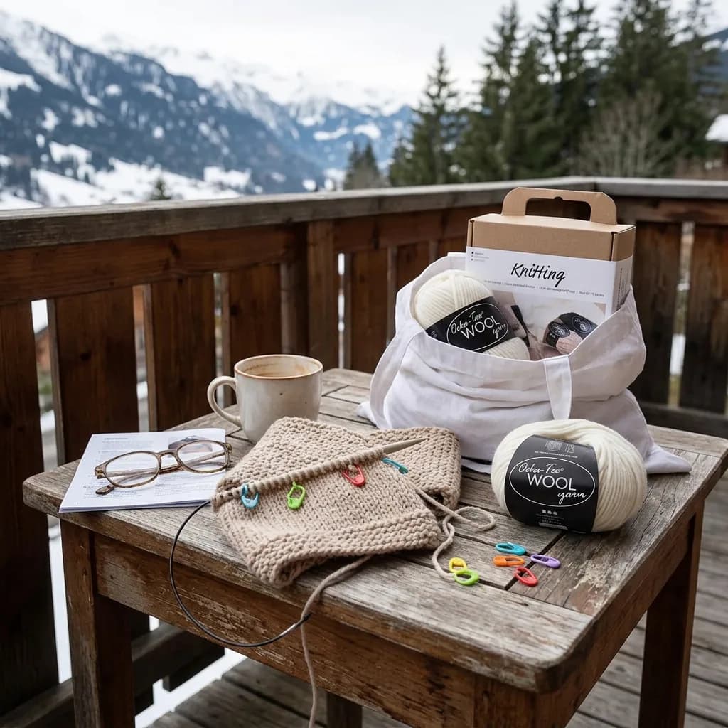 Stricken lernen: Bastelset, Wolle, Rundstricknadel mit Strickstück, Maschenmarkierer und Stofftasche auf Holztisch, Bergpanorama im Hintergrund.
