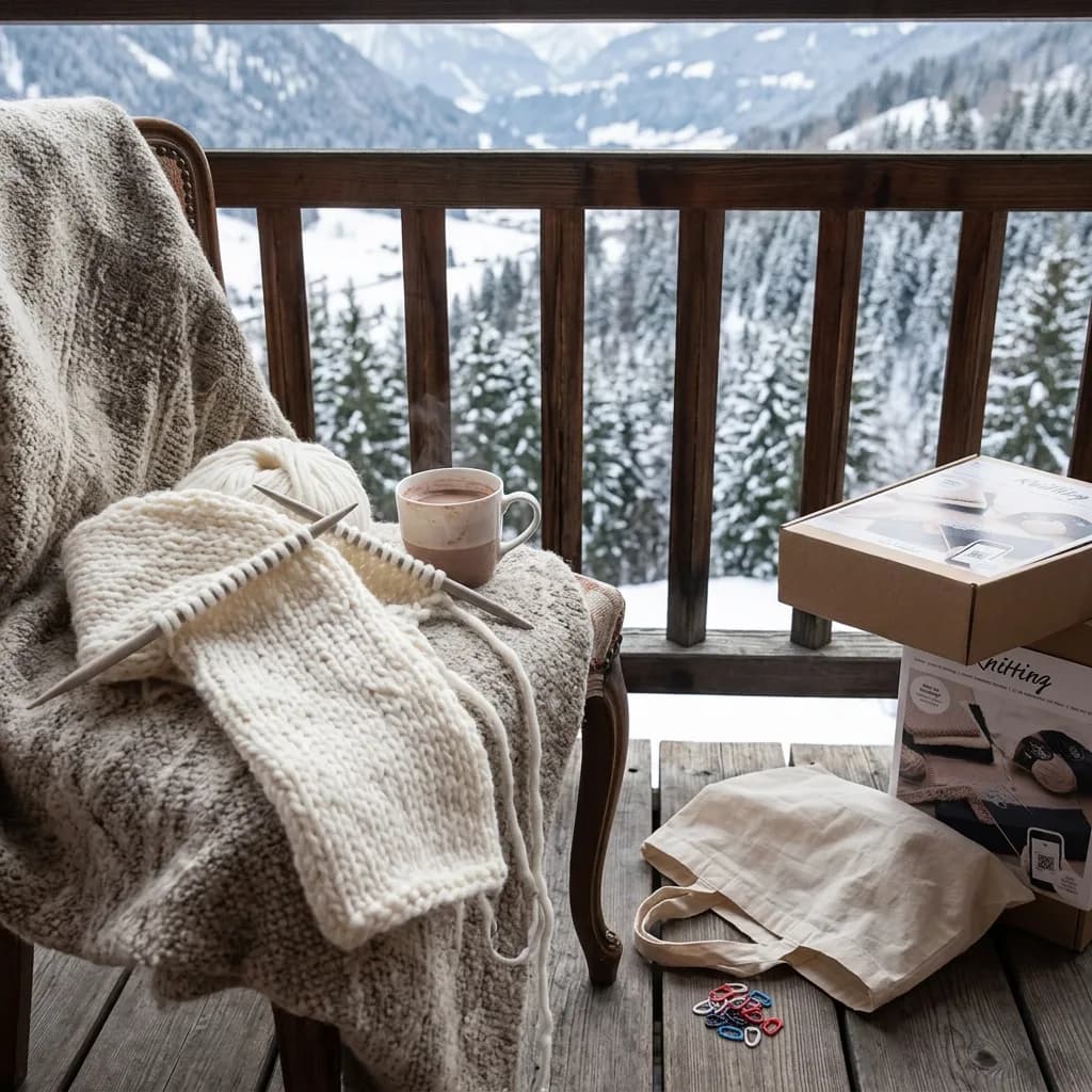 Stricken lernen: Bastelset, Wolle mit Rundstricknadel, Stofftasche und Maschenmarkierer auf Holzbalkon mit Winterpanorama.