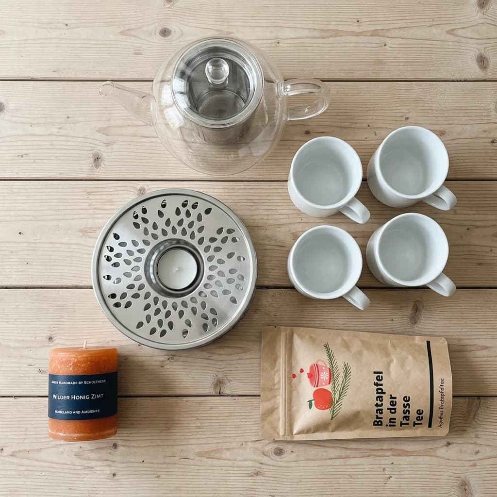 Tee-Zeit: Glasteekanne, Stövchen, vier weisse Tassen, Bratapfel-Rooibos-Teemischung und orangefarbene Duftkerze auf hellem Holzuntergrund.