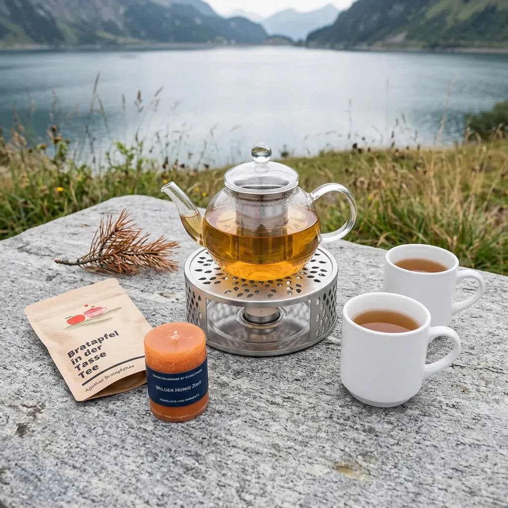 Tee-Zeit: Glasteekanne auf Stövchen, zwei weisse Tassen mit Tee, Teemischung und Duftkerze auf Stein vor Bergsee.
