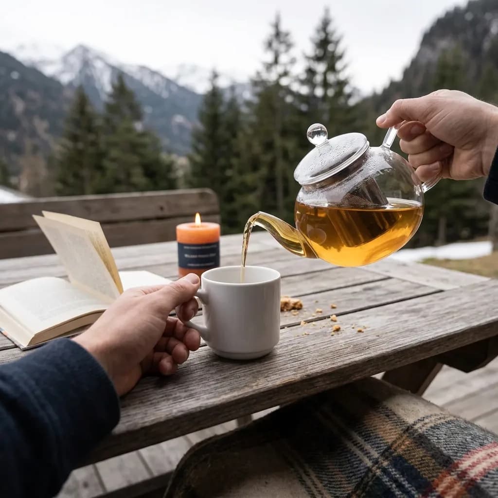 Tee-Zeit: Hand giesst Tee aus Glaskanne in weisse Tasse, daneben brennende Kerze und Buch auf Holztisch, Bergpanorama im Hintergrund.
