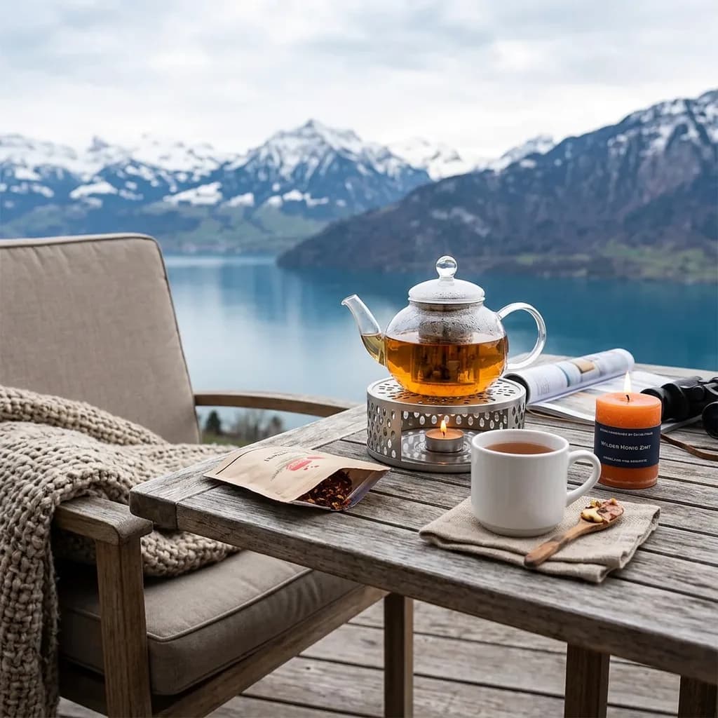 Tee-Zeit: Glas-Teekanne auf Stövchen, weisse Tasse, Teemischung und Duftkerze auf Holztisch, See und Berge im Hintergrund.