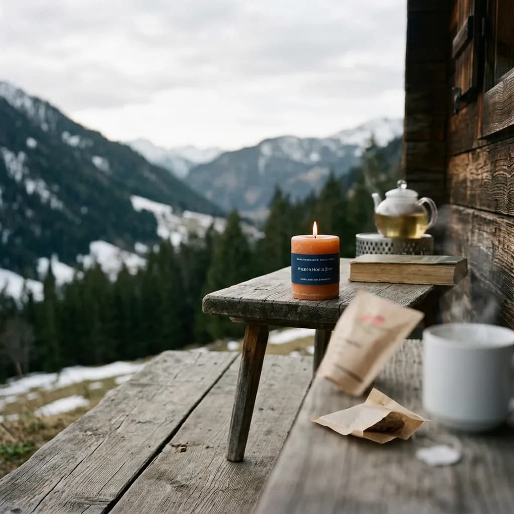 Tee-Zeit: Duftkerze, Teemischung, weisse Tasse und transparente Teekanne auf einem Holztisch vor verschneiter Bergkulisse.