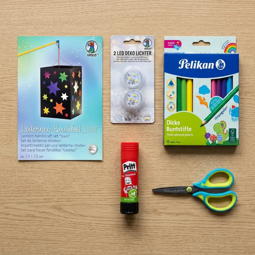 Herbstferien Bastelbox: Laternen-Bastelset Sterne, LED Deko-Lichter, Farbstifte 12er-Set, Klebestift und Kinderschere auf Holzuntergrund.