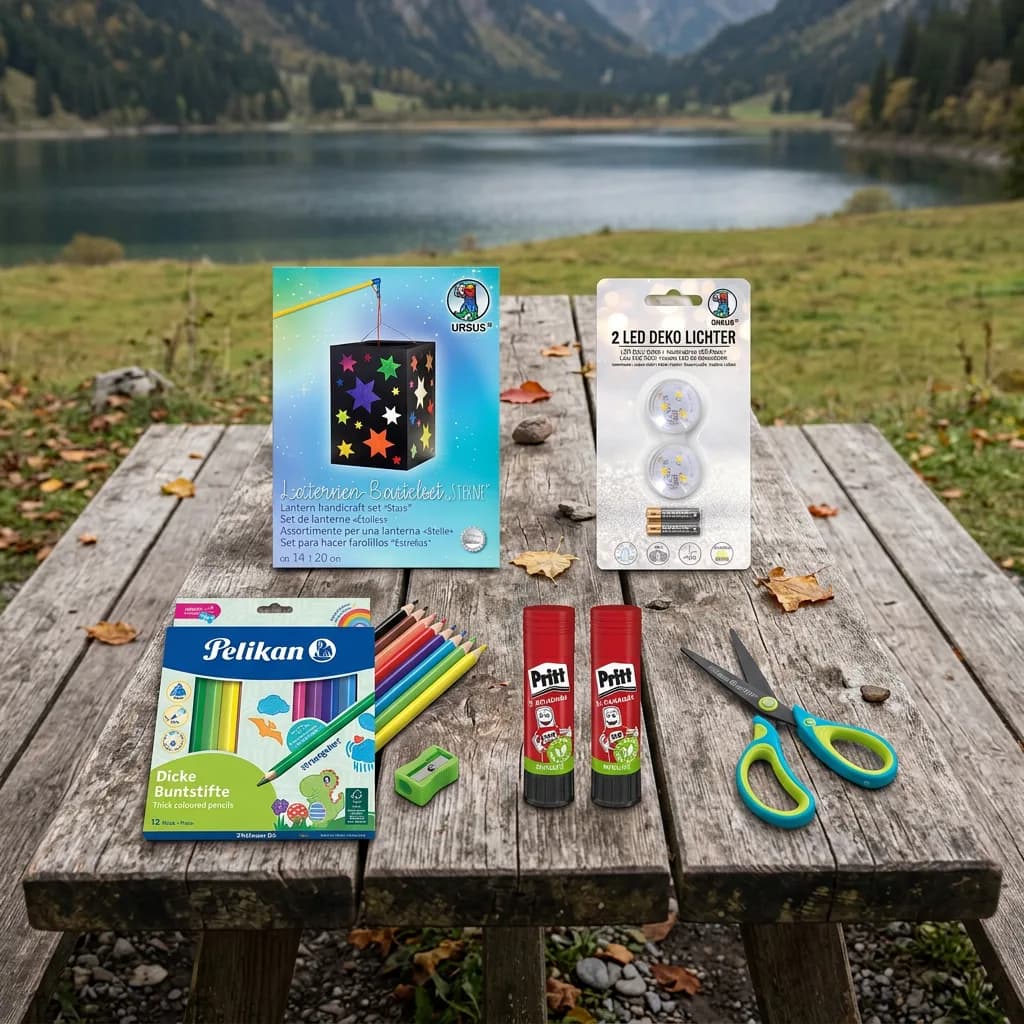 Herbstferien Bastelbox: Laternen-Bastelset Sterne, LED-Dekolichter, Farbstifte mit Spitzer, zwei Klebestifte und Kinderschere auf Holztisch vor Bergsee.