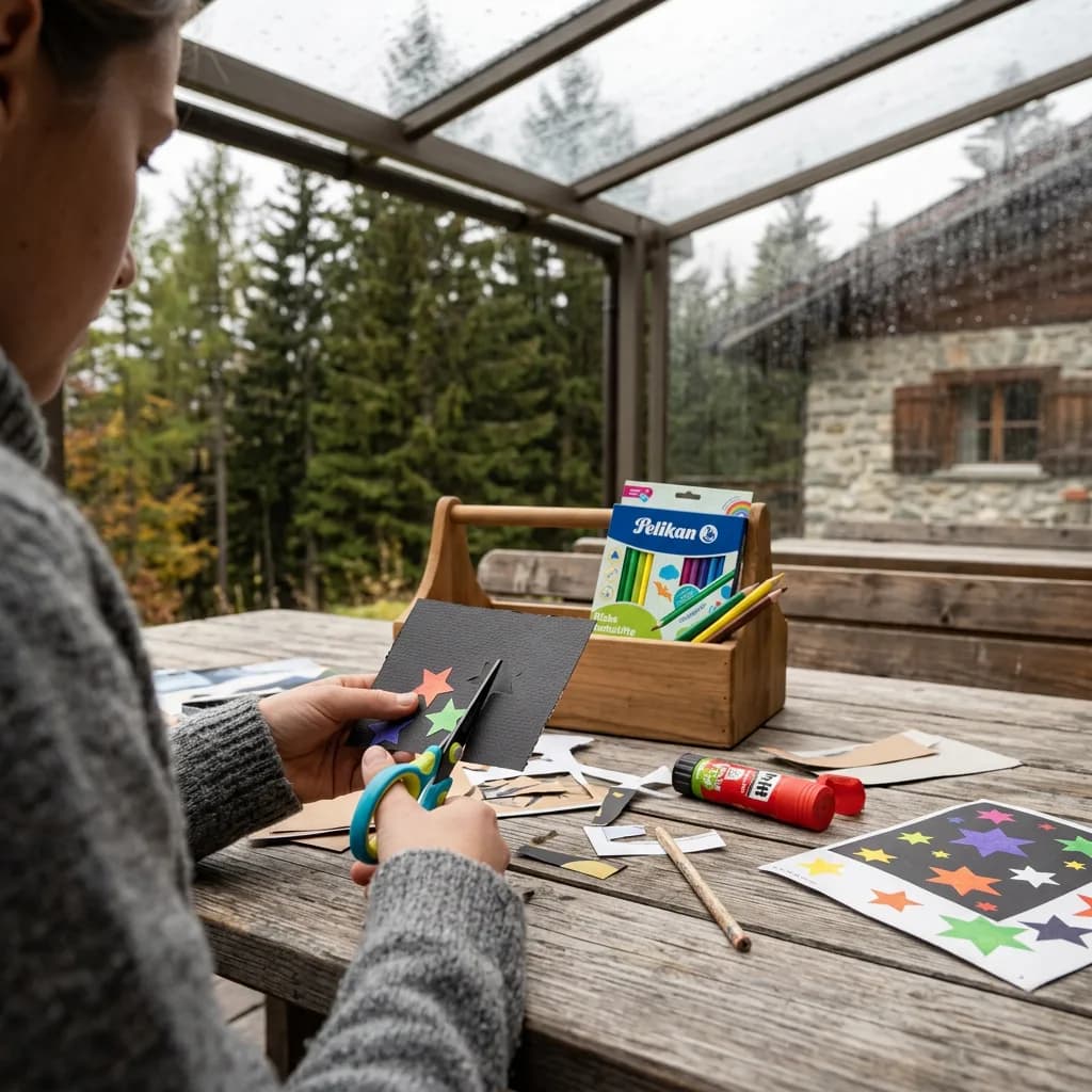 Herbstferien Bastelbox: Person schneidet schwarzes Papier mit Kinderschere, Farbstifte, Klebestift und Laternen-Bastelset Sterne auf Holztisch.