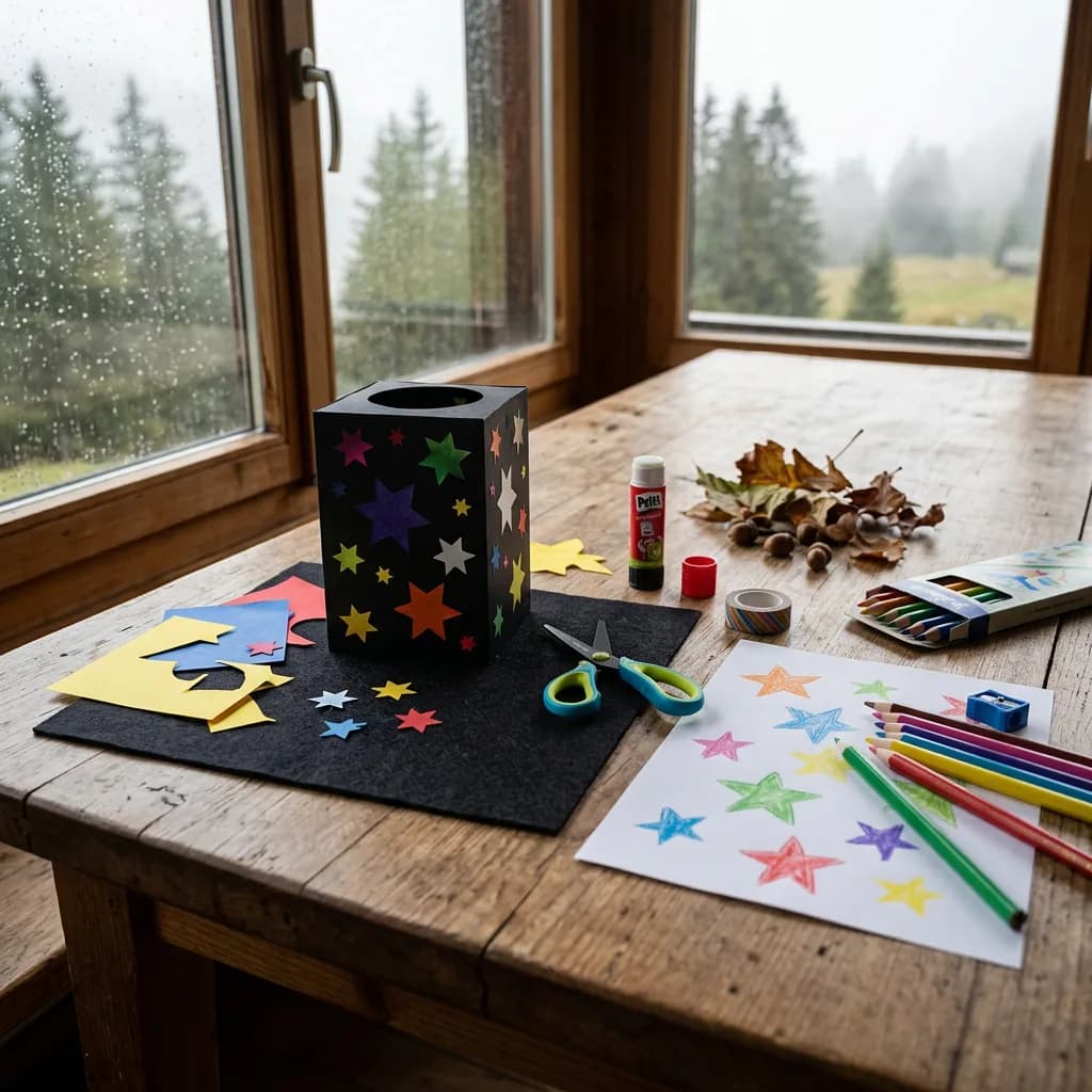 Herbstferien Bastelbox: Laternen-Bastelset Sterne, Kinderschere, Klebestift, Farbstifte und Spitzer auf Holztisch, Fenster mit Herbstlandschaft.