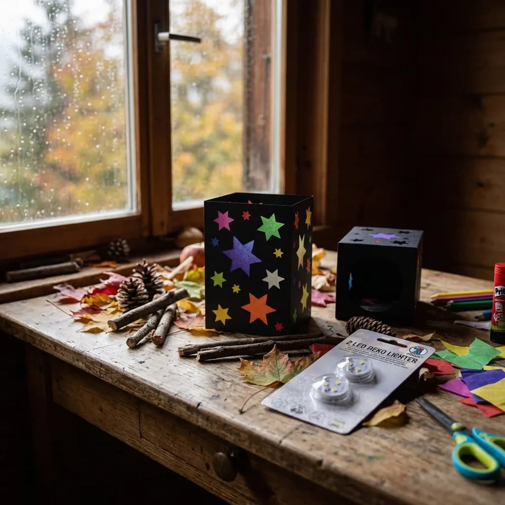 Herbstferien Bastelbox: Laternen-Bastelsets, LED-Dekolichter, Farbstifte, Klebestift und Kinderschere auf Holztisch mit Herbstblättern.